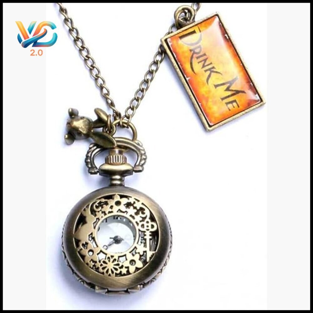 Vintage Drink Me Pocket Watch Necklace Quartz Alice Wonderland Rabbit